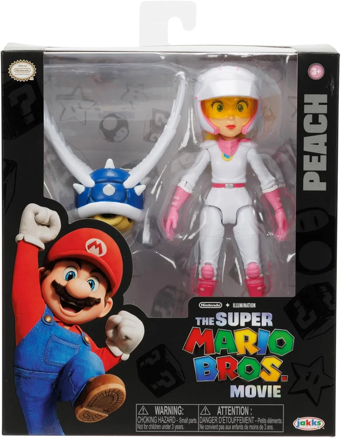 The Super Mario Bros. Movie Princess Peach 5-inch action figure in motorcycle outfit with Spiny Blue Shell accessory inside retail packaging.