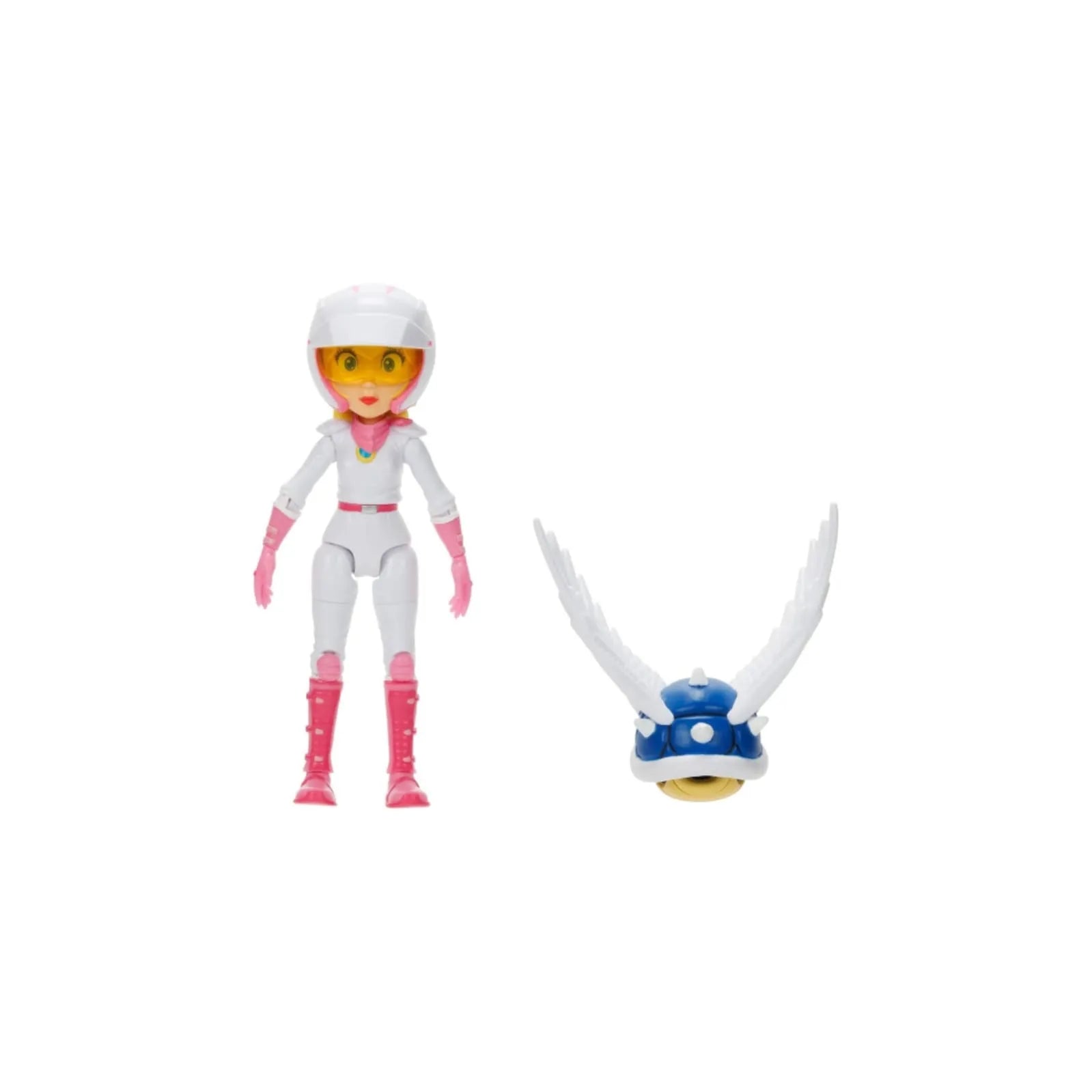 Princess Peach 5-inch action figure from The Super Mario Bros. Movie wearing motorcycle outfit with Spiny Blue Shell accessory.