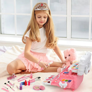 Young girl playing with princess washable makeup toy kit for toddlers and kids age 4 to 12