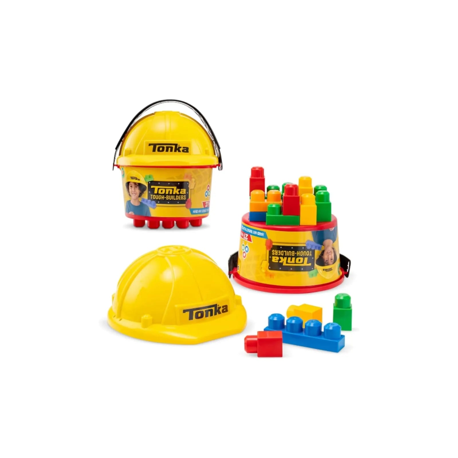 Tonka Tough Builders hard hat and large building blocks bucket playset with colorful blocks and storage bucket.