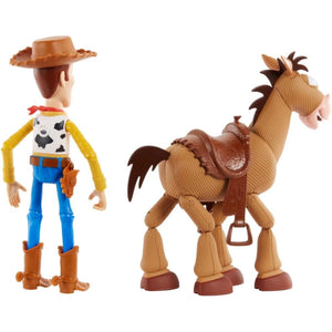 Back view of Woody and Bullseye figures from Toy Story 4 showing detailed character design.