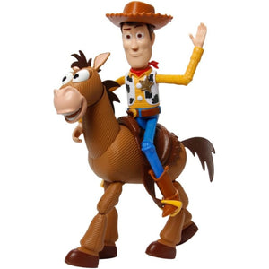 Woody action figure riding Bullseye horse from Toy Story 4 character set.