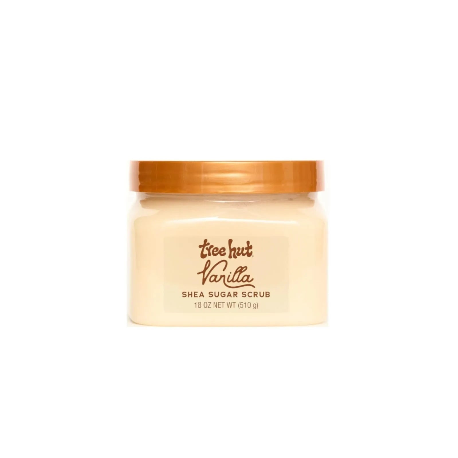 Tree Hut Vanilla Shea Sugar Scrub 18 oz jar with moisturizing and exfoliating body care formula.