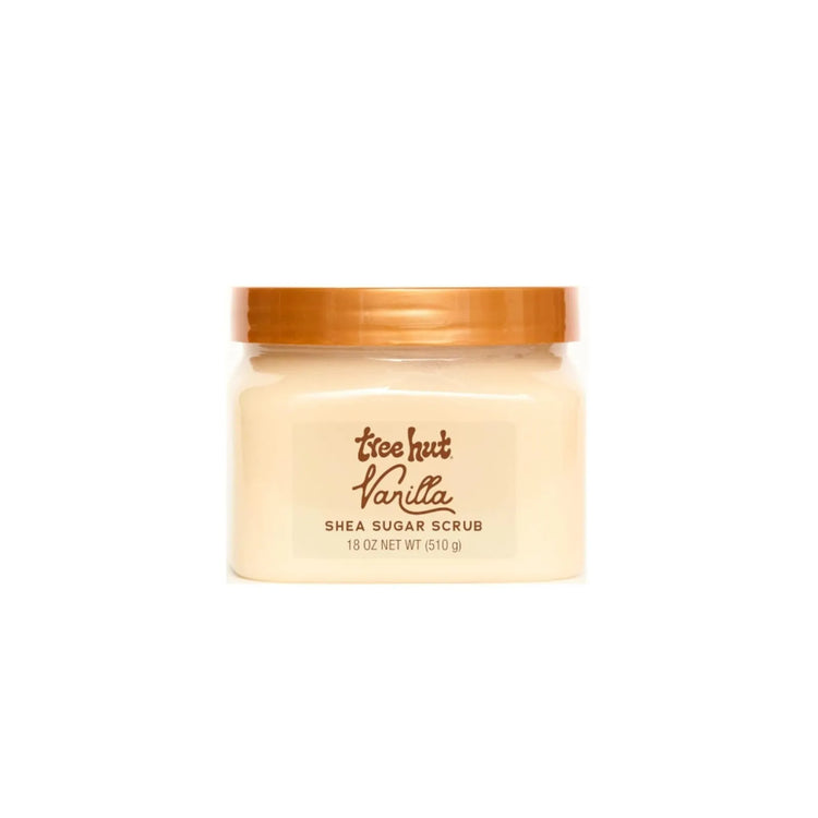Tree Hut Vanilla Shea Sugar Scrub 18 oz jar with moisturizing and exfoliating body care formula.