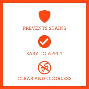 TriNova Fabric Protector Spray benefits image highlighting prevents stains, easy to apply, and clear odorless formula.