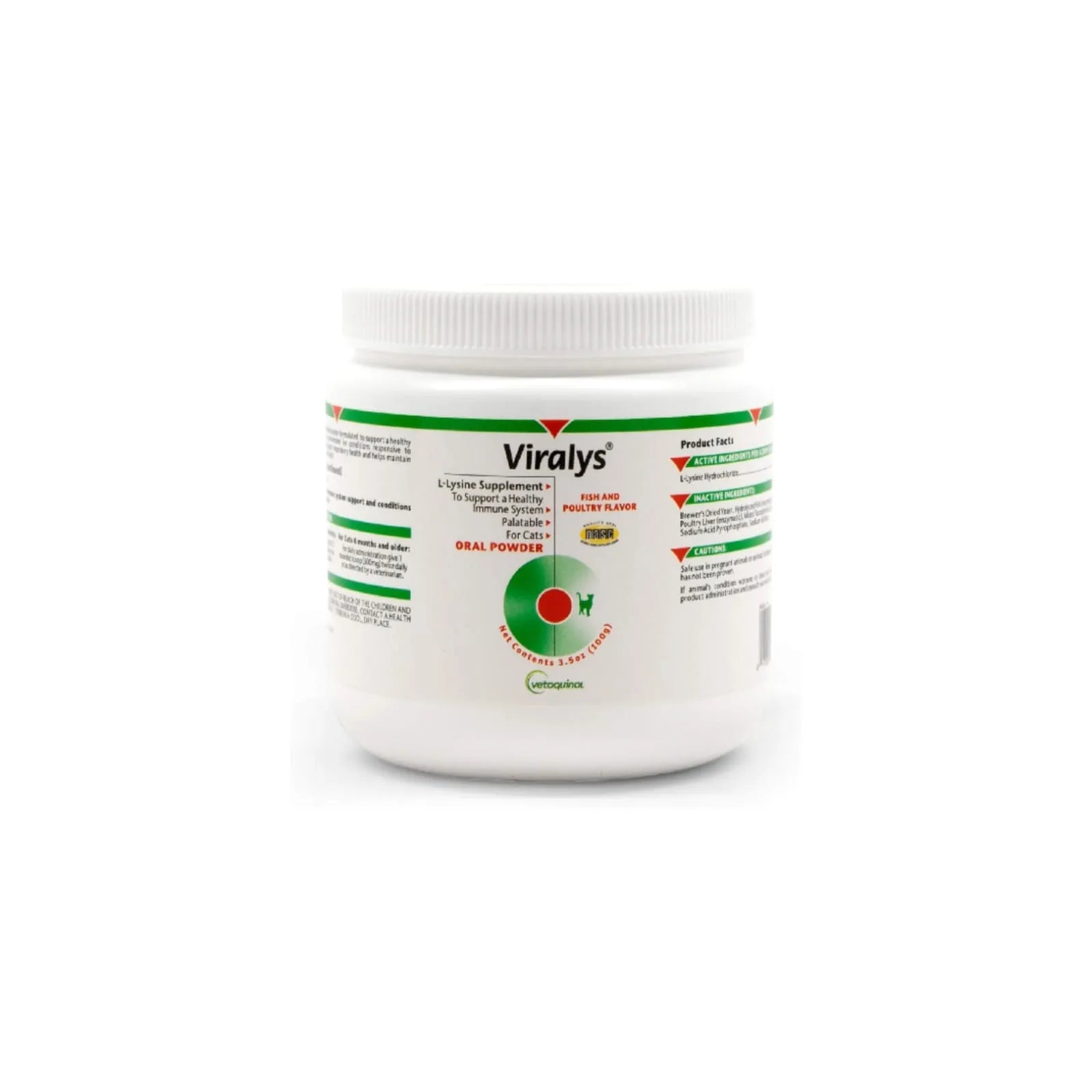Vetoquinol Viralys L-Lysine Powder 100g jar fish flavored supplement for cats and kittens.