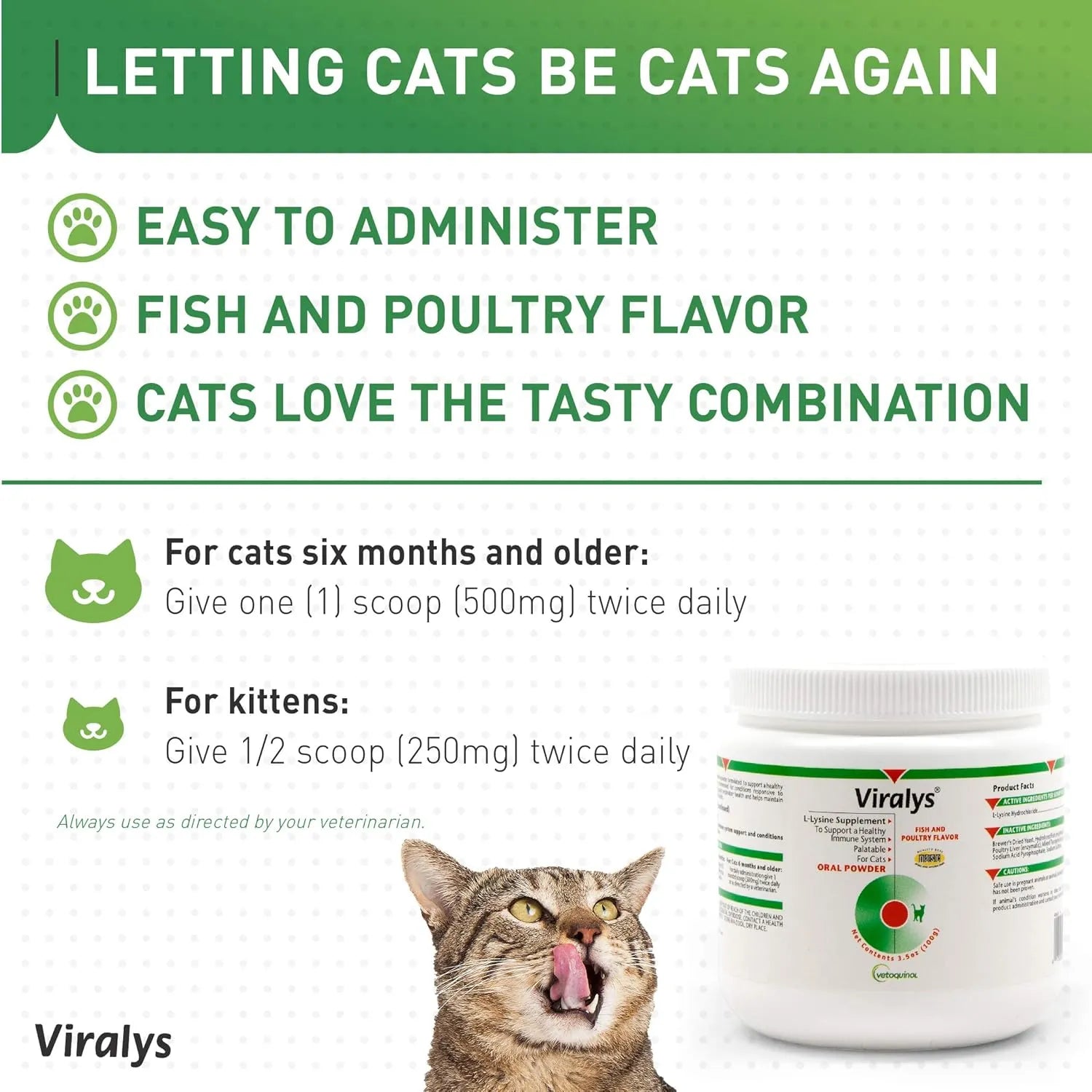 Vetoquinol Viralys L-Lysine Powder feeding directions for cats and kittens with fish and poultry flavor details.