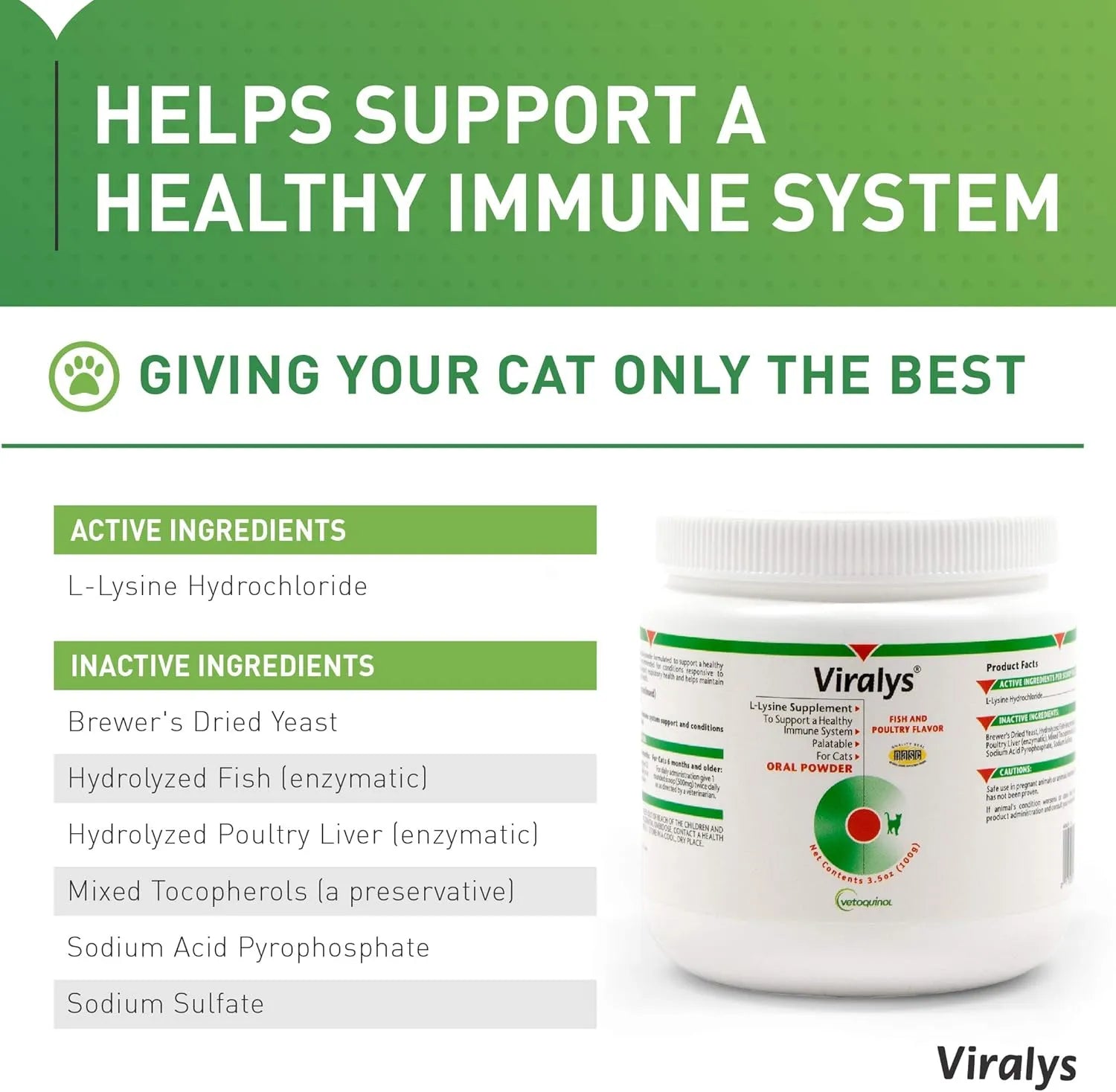 Vetoquinol Viralys L-Lysine Powder 100g showing active and inactive ingredients for cats and kittens.