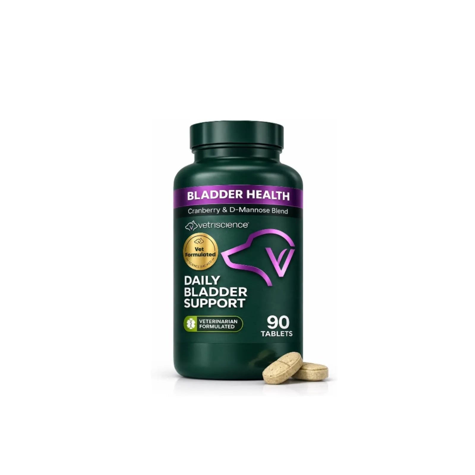 VetriScience Bladder Health chewable tablets for dogs 90 count daily urinary support supplement bottle.
