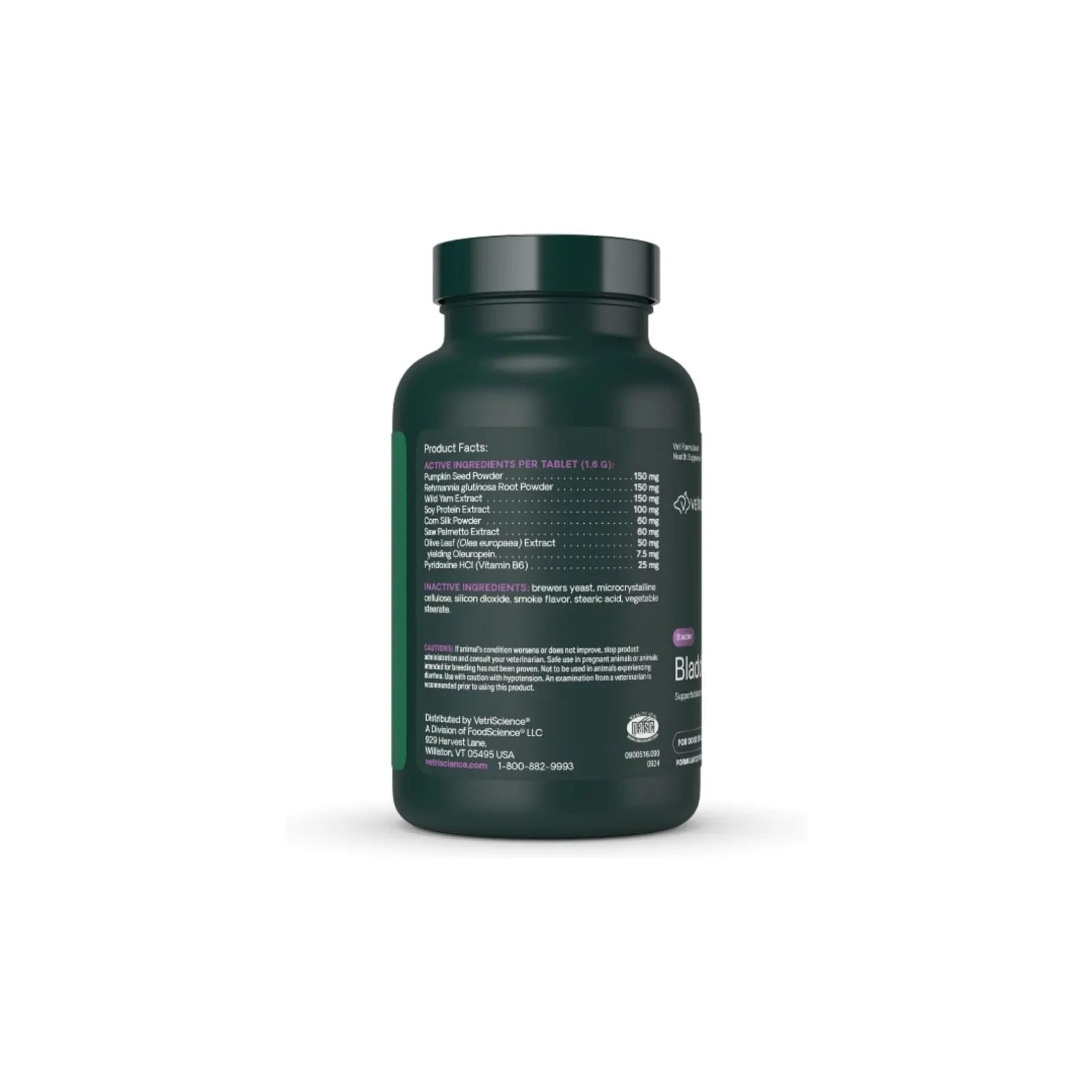Back label of VetriScience Bladder Health chewable tablets for dogs showing supplement facts and ingredient list.