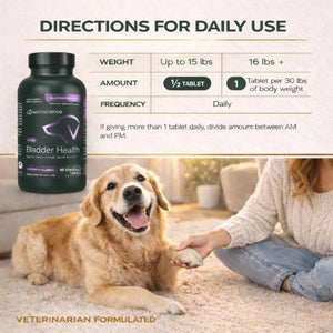 VetriScience Bladder Health chewable tablets dosage guide for dogs by weight with daily usage instructions.