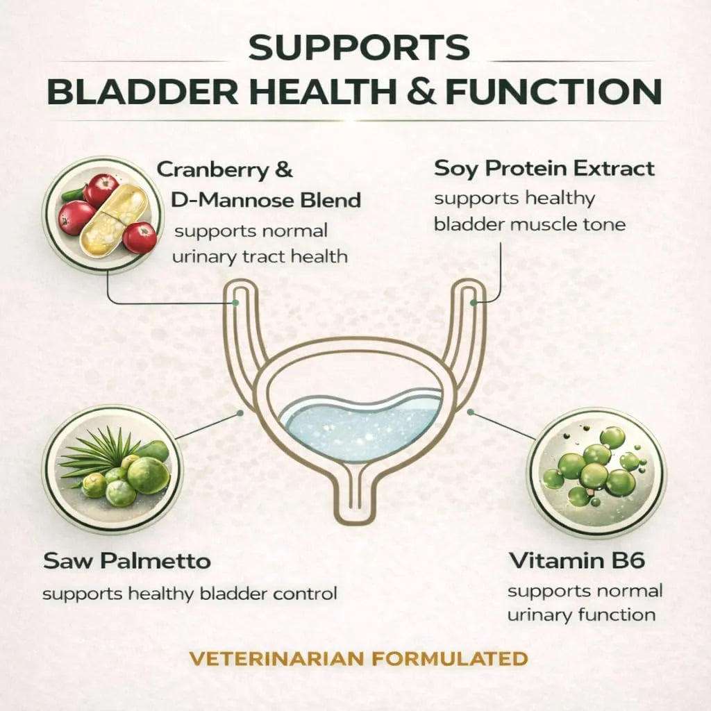 VetriScience Bladder Health supplement for dogs highlighting cranberry, D-mannose, soy protein extract, saw palmetto, and vitamin B6.