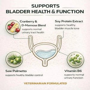 VetriScience Bladder Health supplement for dogs highlighting cranberry, D-mannose, soy protein extract, saw palmetto, and vitamin B6.