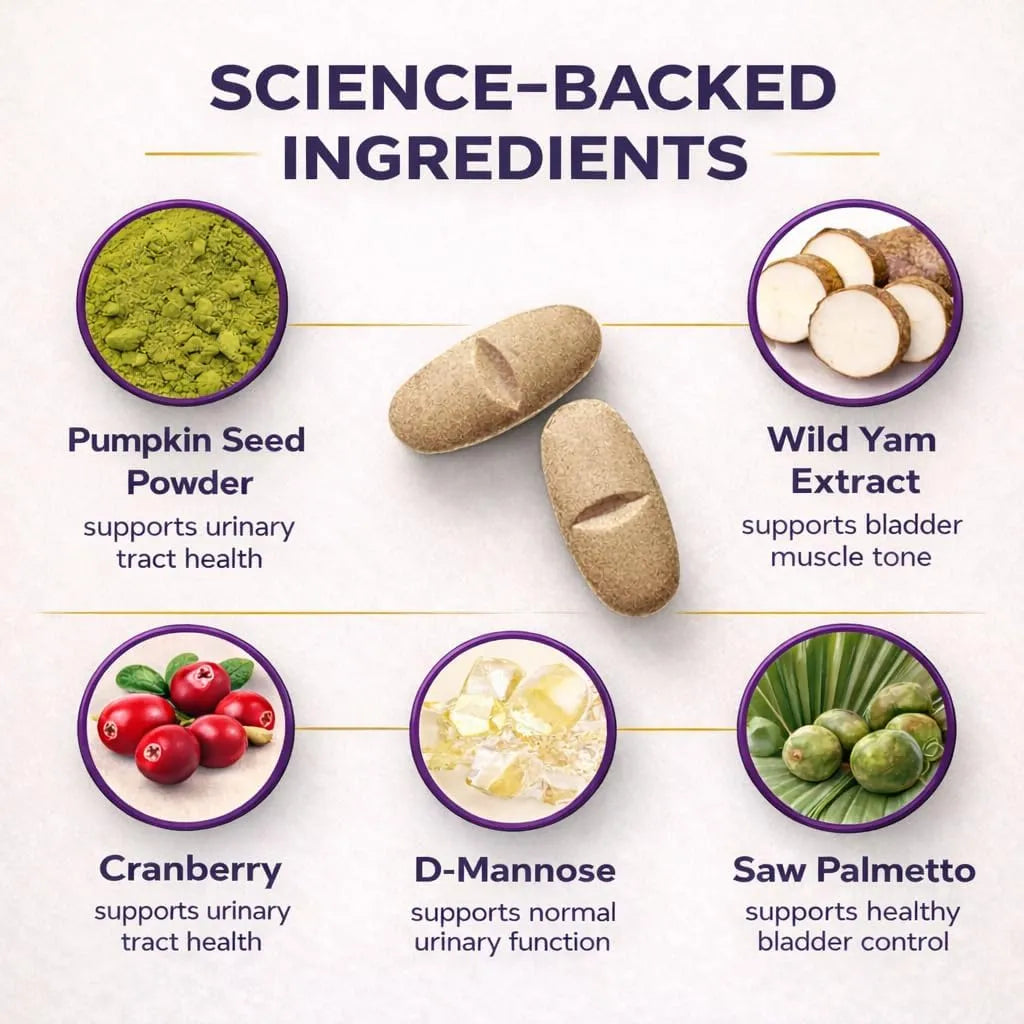 VetriScience Bladder Health supplement ingredients including pumpkin seed powder, cranberry, D-mannose, wild yam, and saw palmetto.