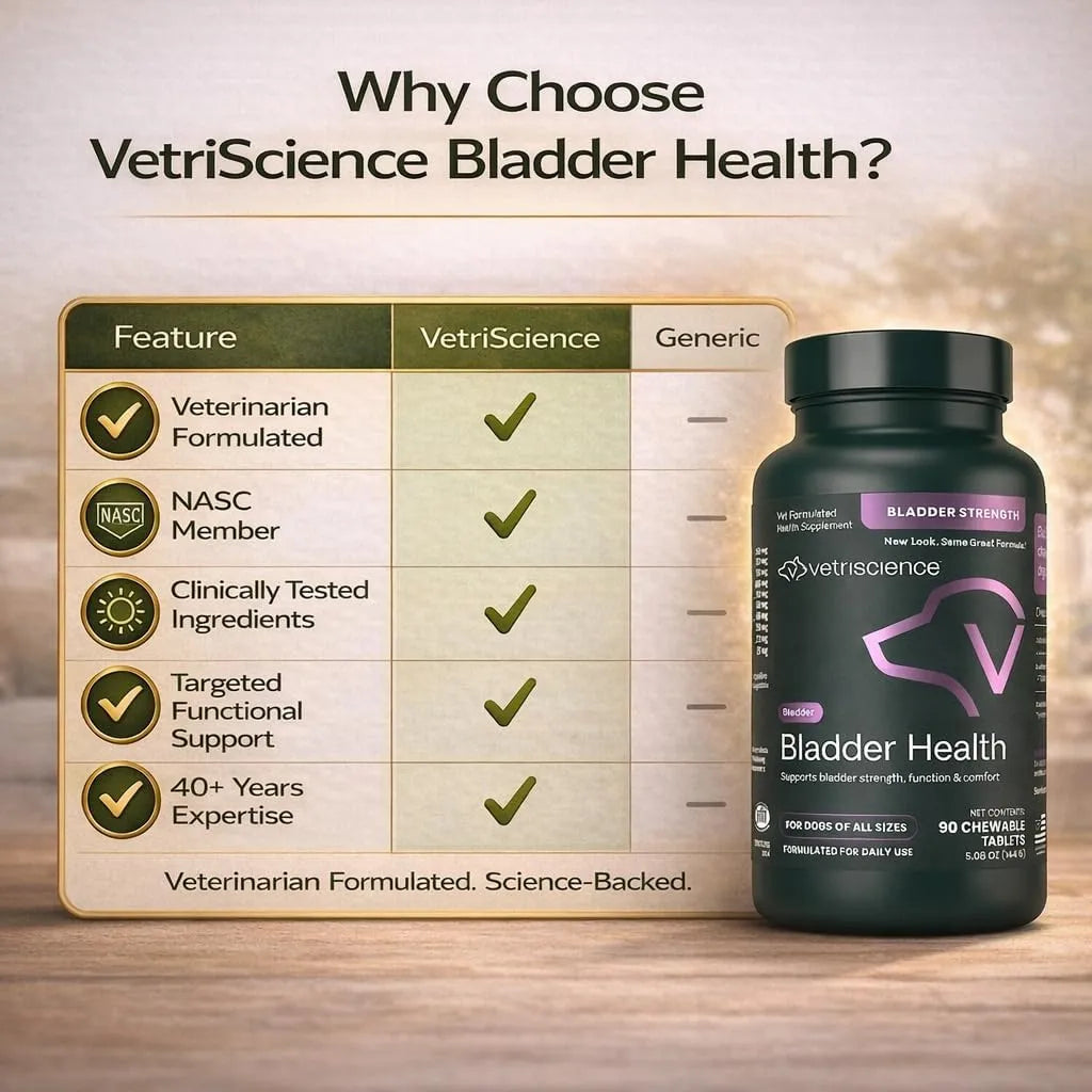 VetriScience Bladder Health chewable tablets 90 count veterinarian formulated urinary support supplement for dogs.