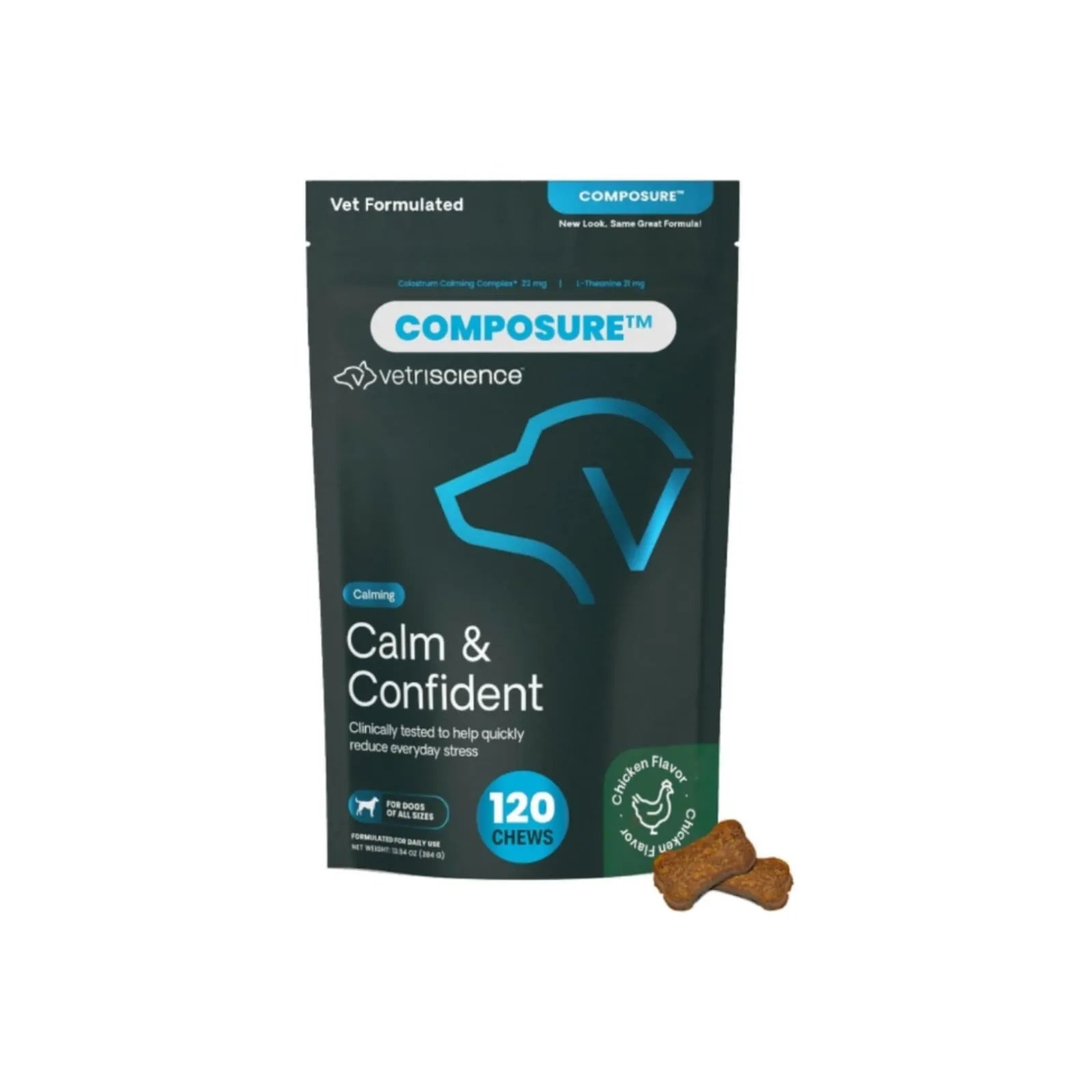 VetriScience Composure Calm & Confident dog calming chews 120 count chicken flavor front packaging