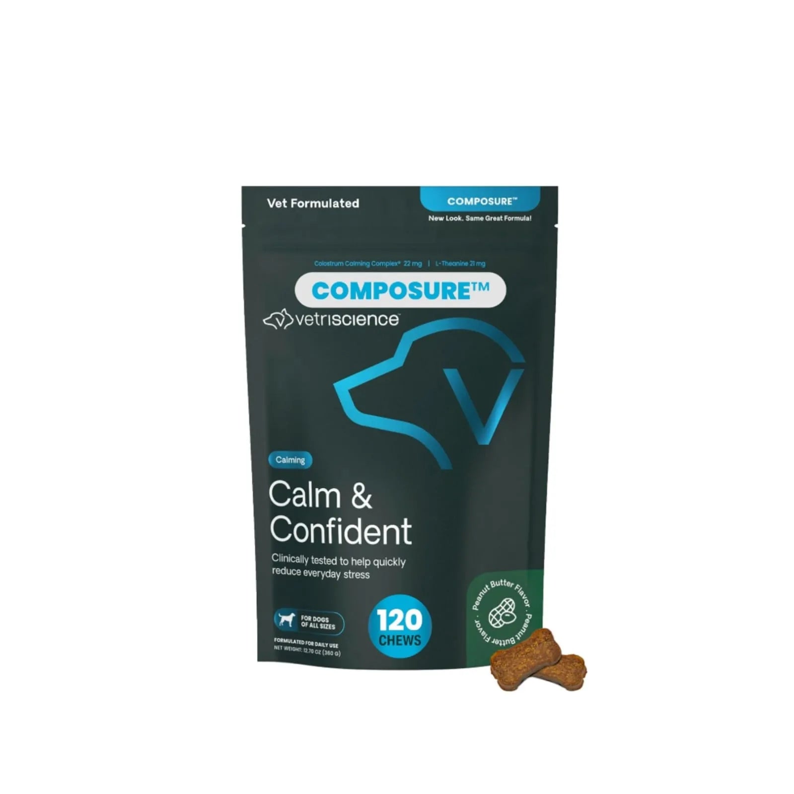 VetriScience Composure Calm & Confident dog calming chews 120 count peanut butter flavor front packaging