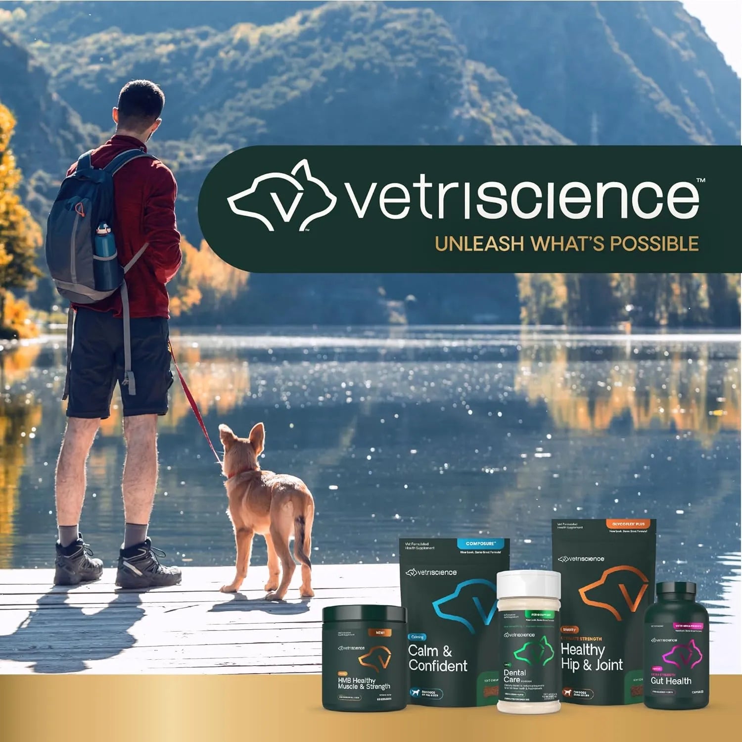 VetriScience dog supplements lifestyle image featuring Calm & Confident chews with pet owner outdoors