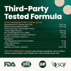 VetriScience GlycoFlex 3 Extra Strength dog joint supplement active ingredients including glucosamine, MSM and green lipped mussel for hip and joint support