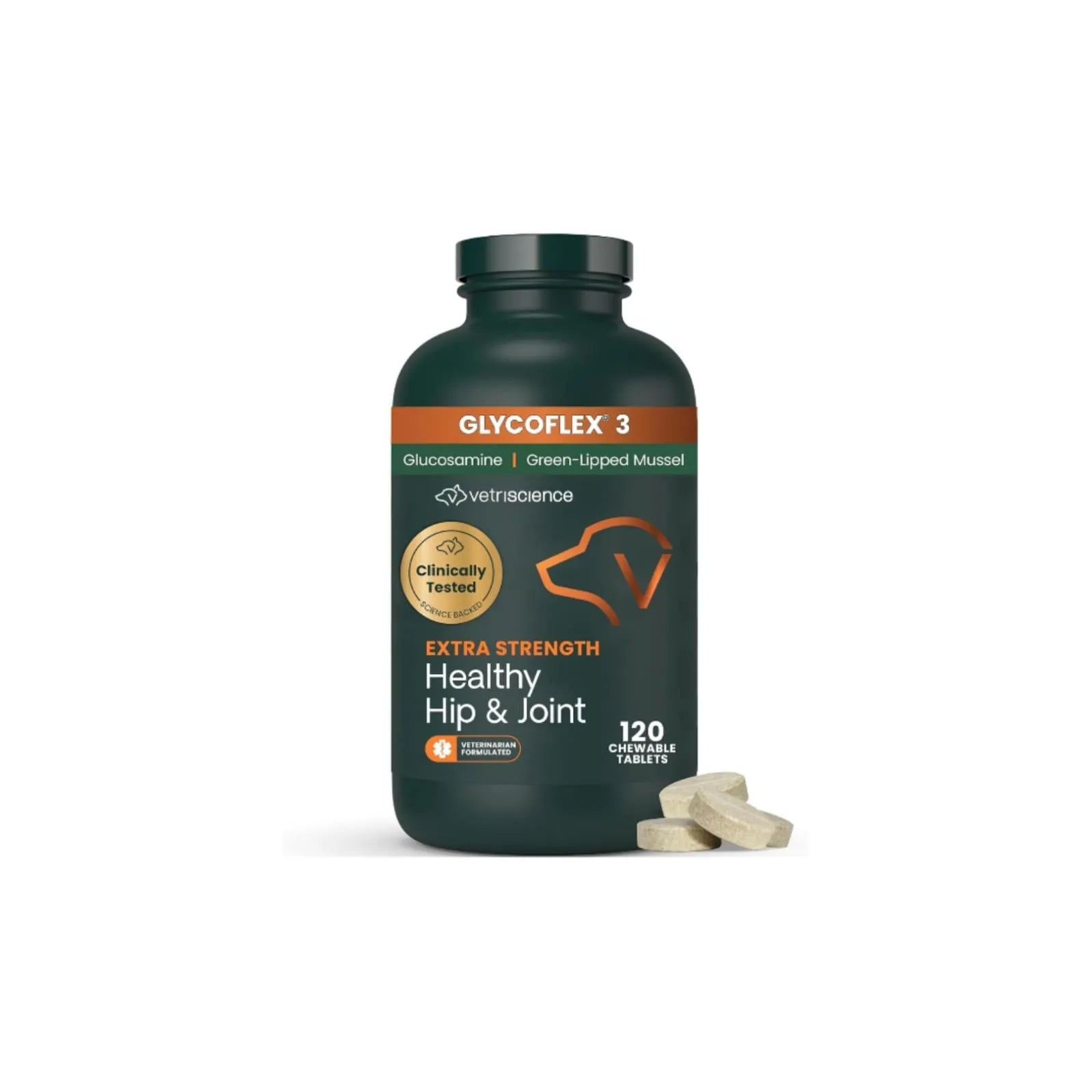 VetriScience GlycoFlex 3 Extra Strength Healthy Hip and Joint chewable tablets for dogs 120 count bottle
