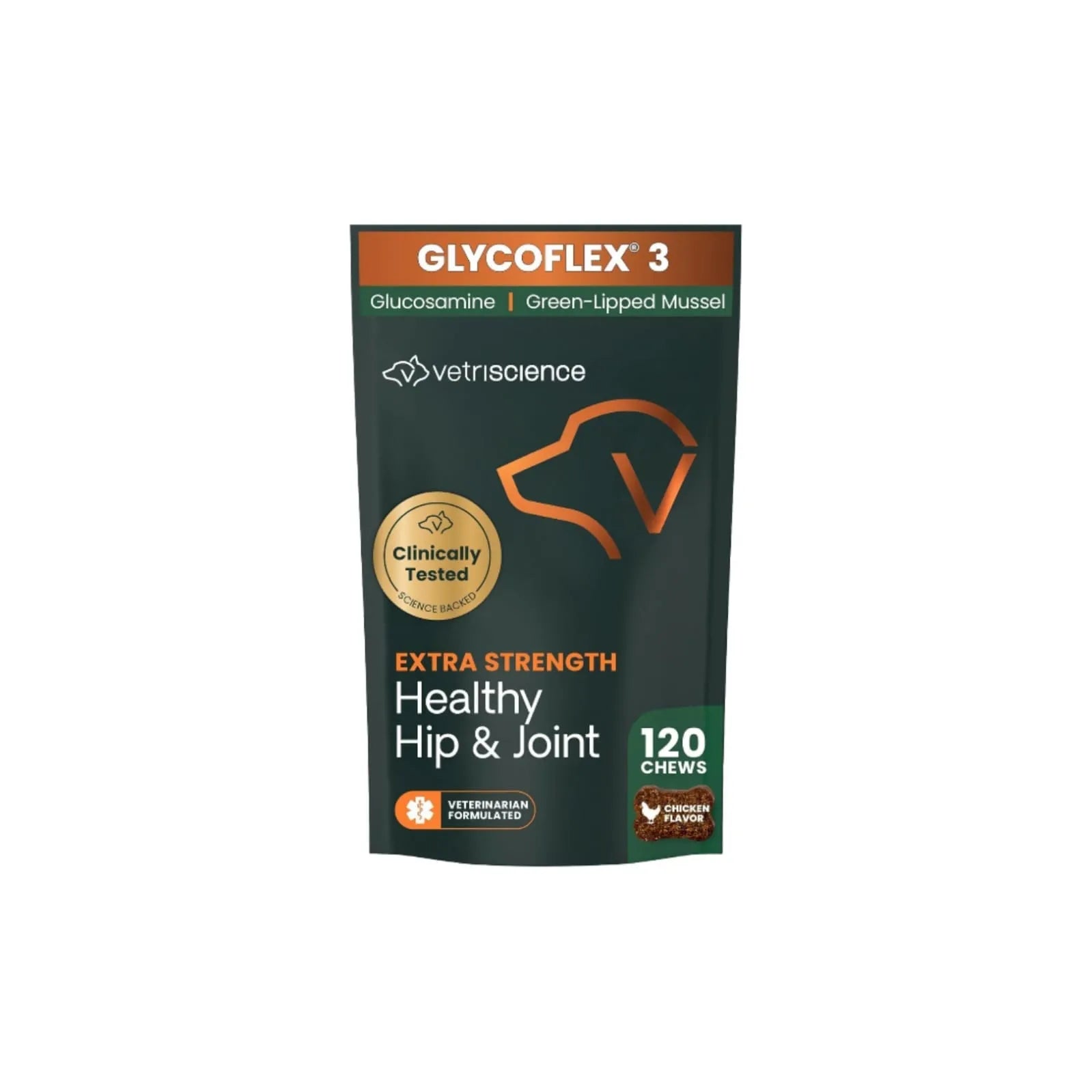 VetriScience GlycoFlex 3 Extra Strength Healthy Hip and Joint chews for dogs with glucosamine and green lipped mussel, chicken flavor, 120 count