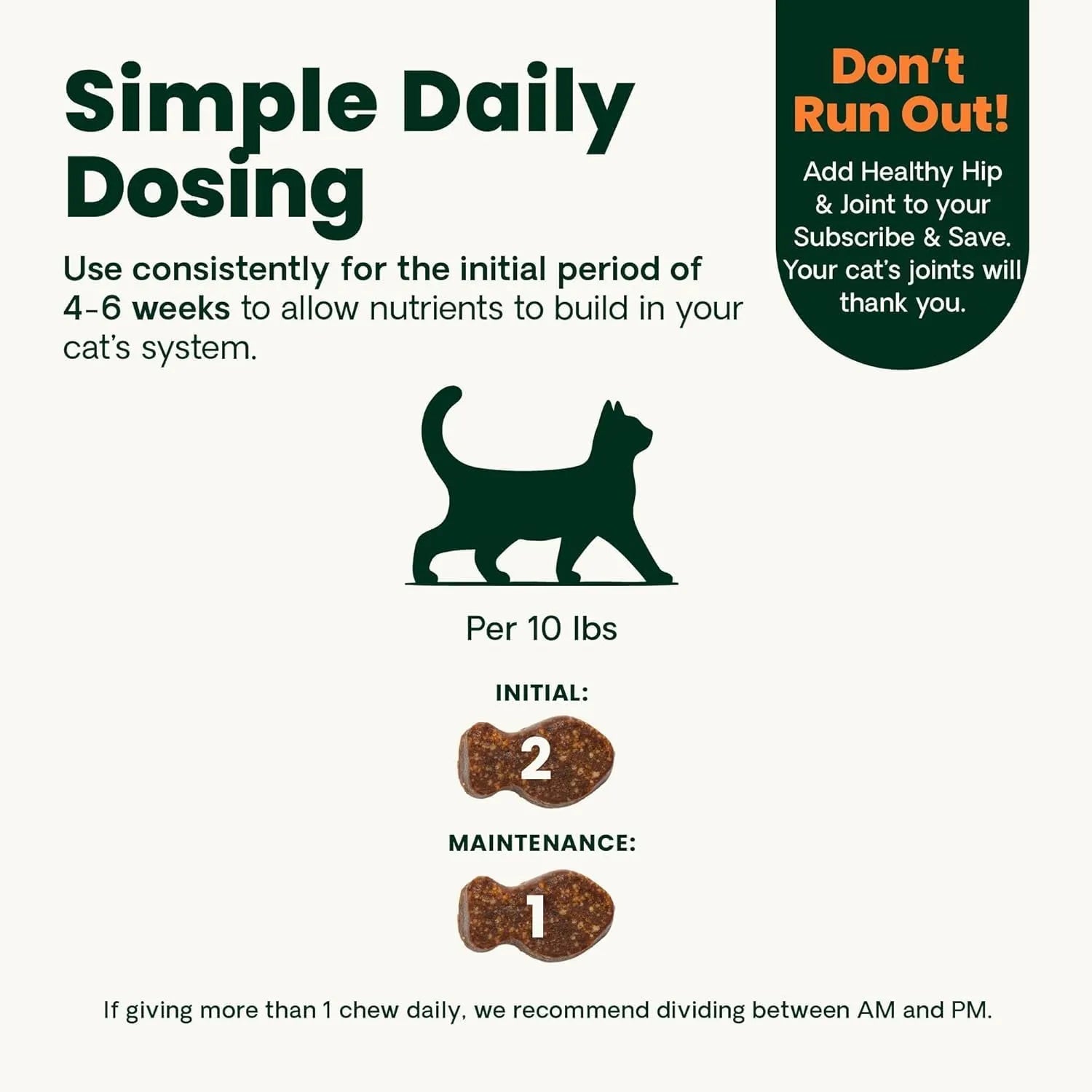 VetriScience GlycoFlex Healthy Hip and Joint Chews for Cats dosage guide showing daily initial and maintenance serving instructions per 10 lbs body weight.