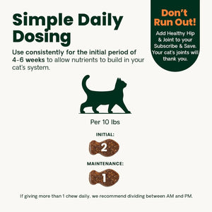VetriScience GlycoFlex Healthy Hip and Joint Chews for Cats dosage guide showing daily initial and maintenance serving instructions per 10 lbs body weight.