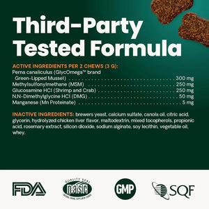 VetriScience GlycoFlex cat joint supplement active ingredients including green-lipped mussel, MSM, glucosamine HCl and manganese, third-party tested formula.
