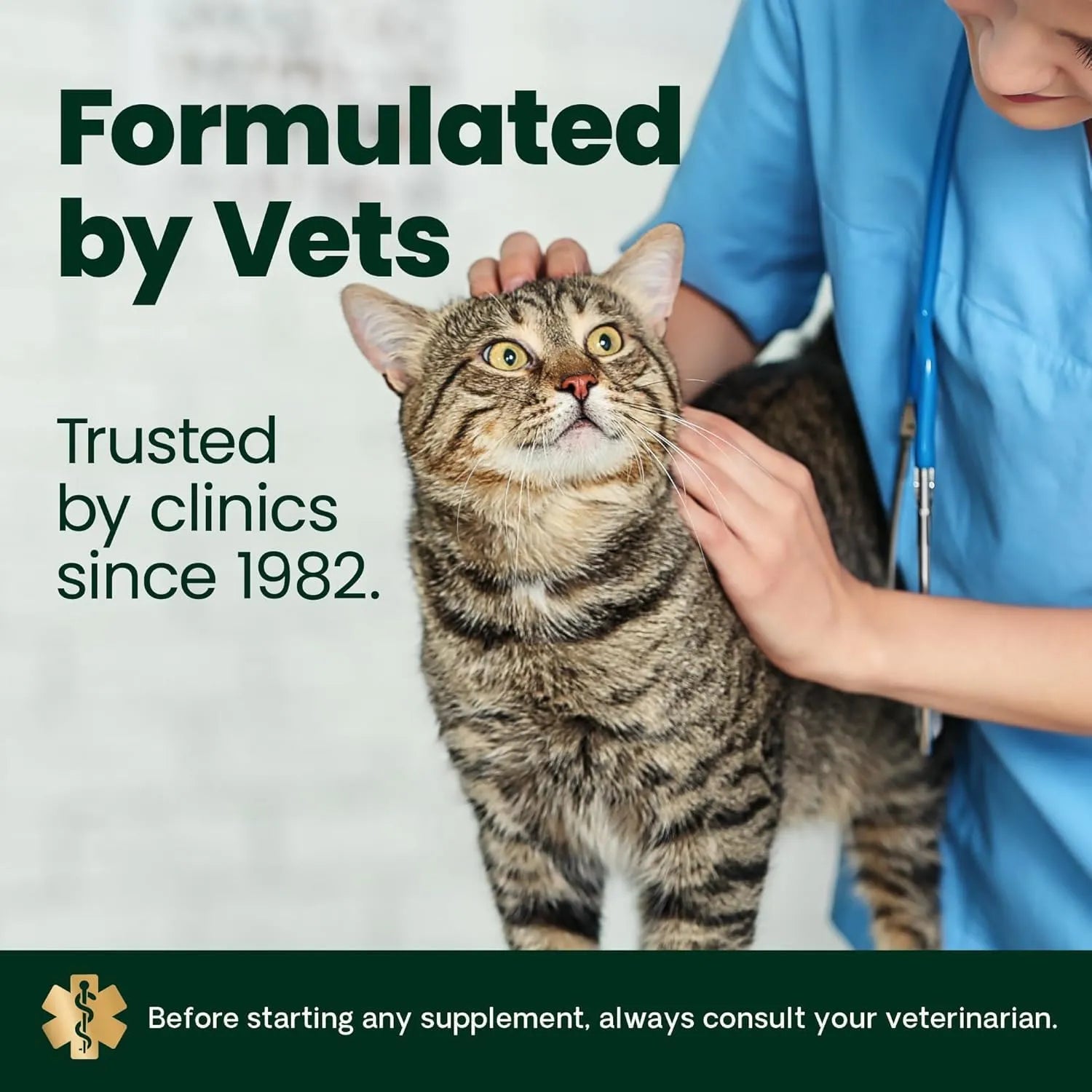 VetriScience GlycoFlex Healthy Hip and Joint Chews for Cats formulated by veterinarians, vet examining tabby cat, chicken flavor 60 count joint support supplement.