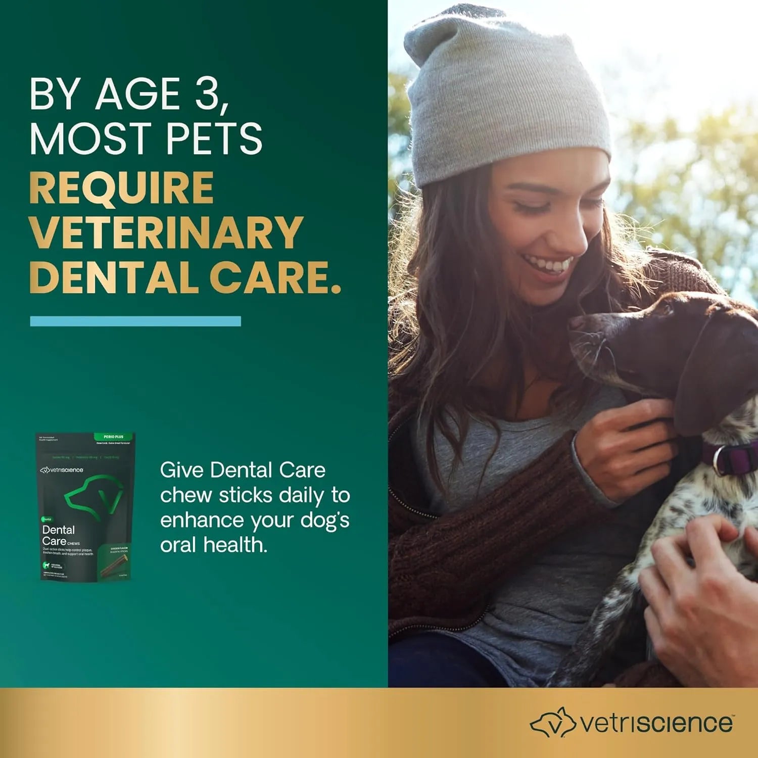 Woman holding her dog promoting daily dental care with VetriScience Healthy Mouth dental chews for oral health support.