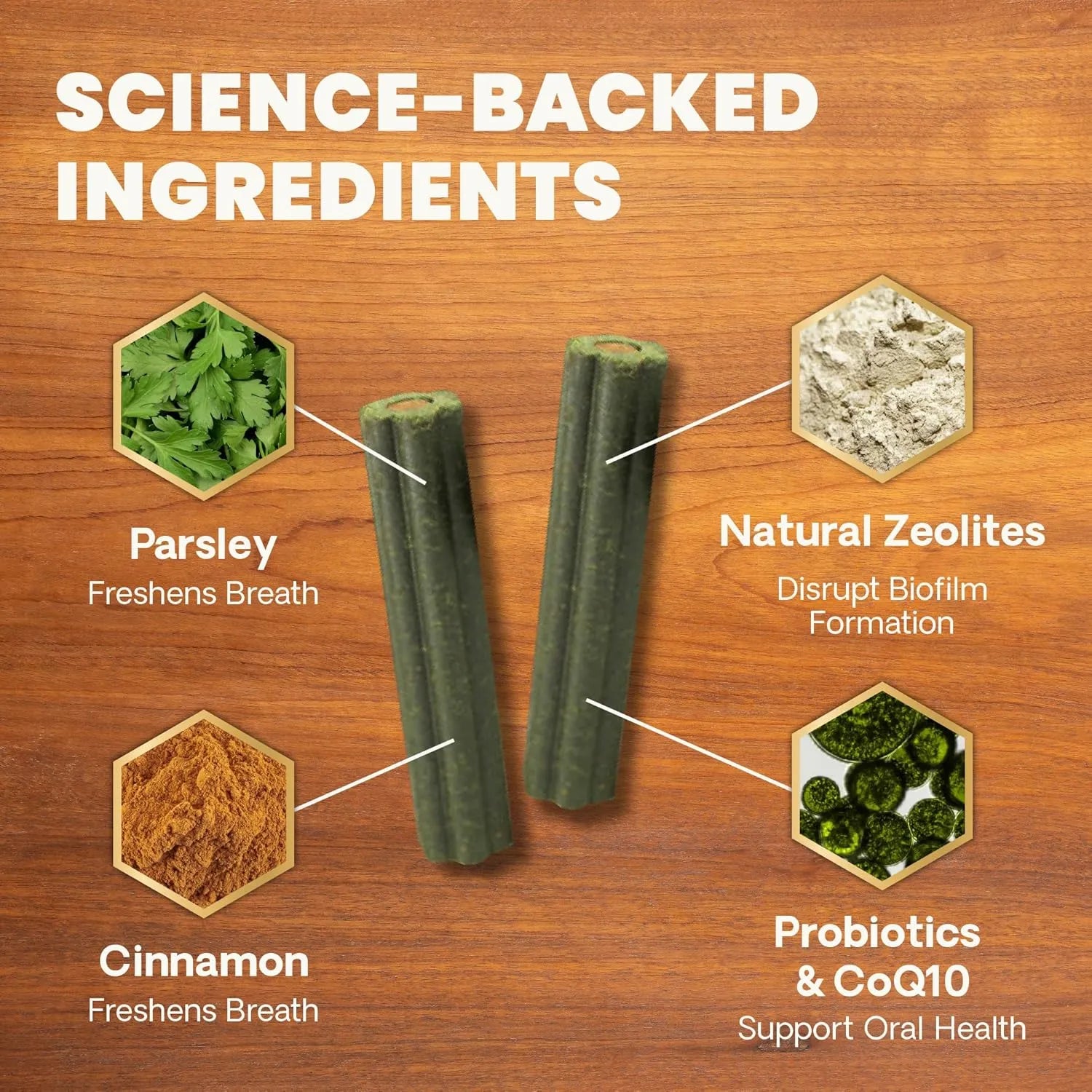 VetriScience Healthy Mouth dental chews ingredients including parsley, cinnamon, probiotics, CoQ10 and natural zeolites.