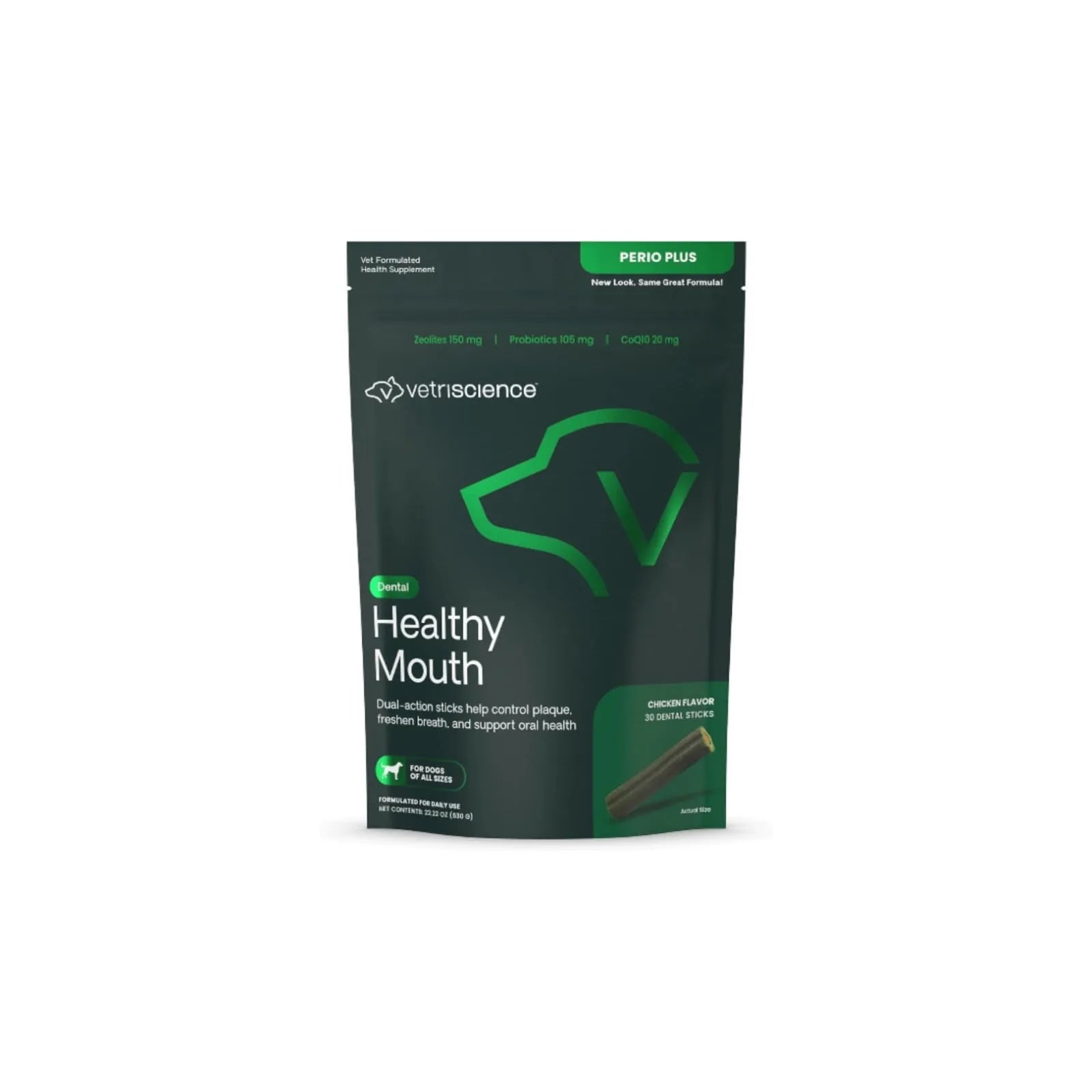 VetriScience Healthy Mouth Perio Plus dental chews for dogs chicken flavor 30 count package front view.