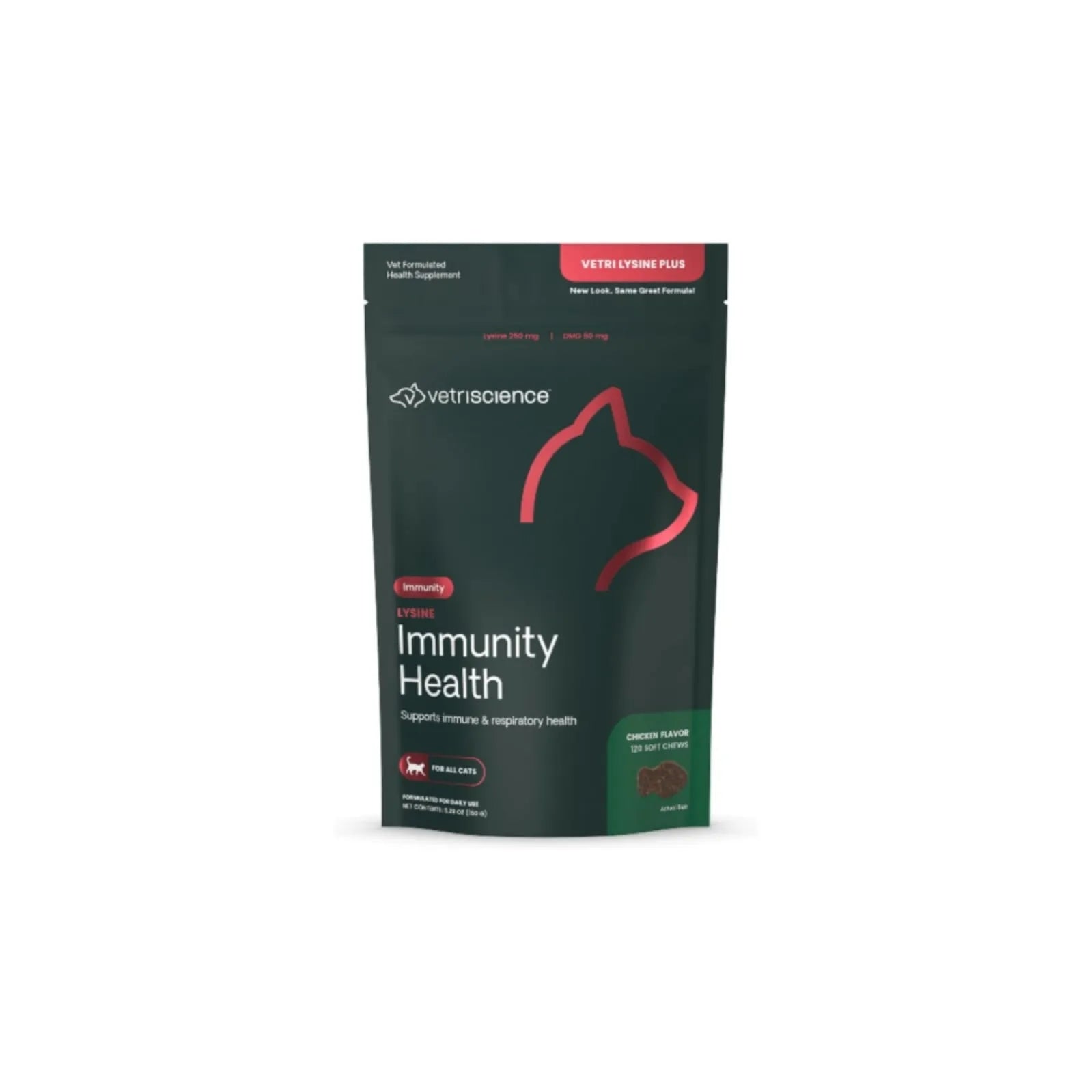 VetriScience Lysine Immunity Health Chews for cats 250 mg chicken flavor 120 soft chews package front view.
