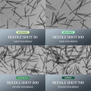 VT CICA Reedle Shot microneedling levels comparison showing 50, 100, 300 and 700 strengths