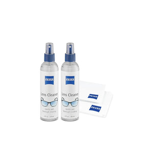 Two ZEISS 8oz lens cleaner spray bottles with microfiber cleaning cloths for eyeglasses and optical lenses