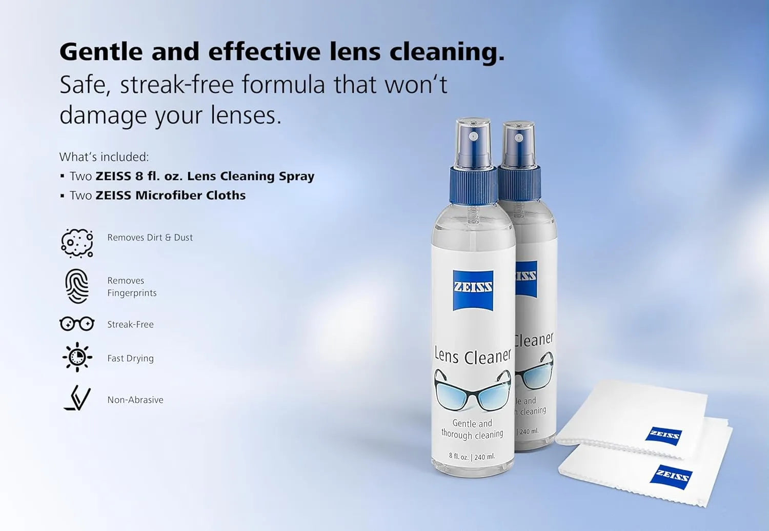 ZEISS Lens Care Pack with two 8oz lens cleaning spray bottles and microfiber cloths for streak free cleaning