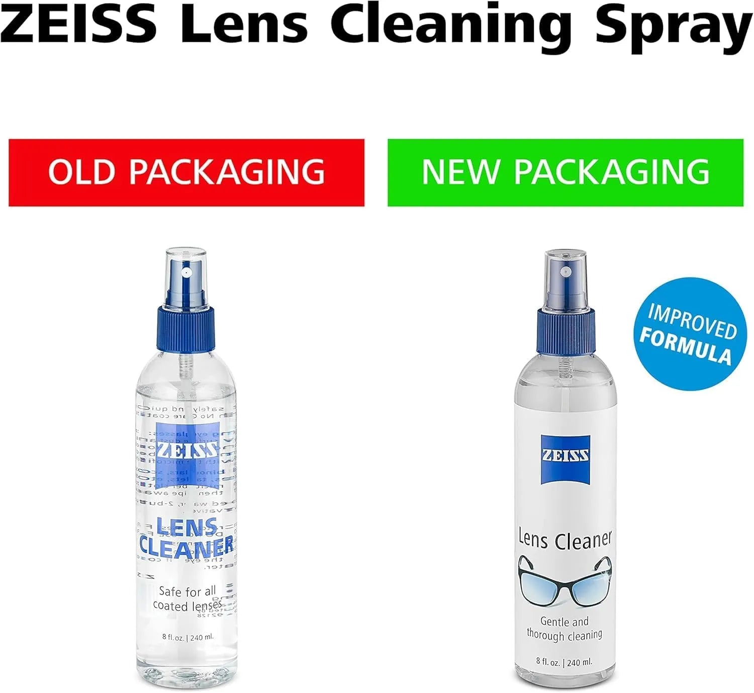ZEISS lens cleaning spray showing old packaging and new packaging with improved formula label