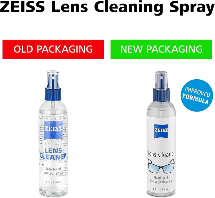 ZEISS lens cleaning spray showing old packaging and new packaging with improved formula label